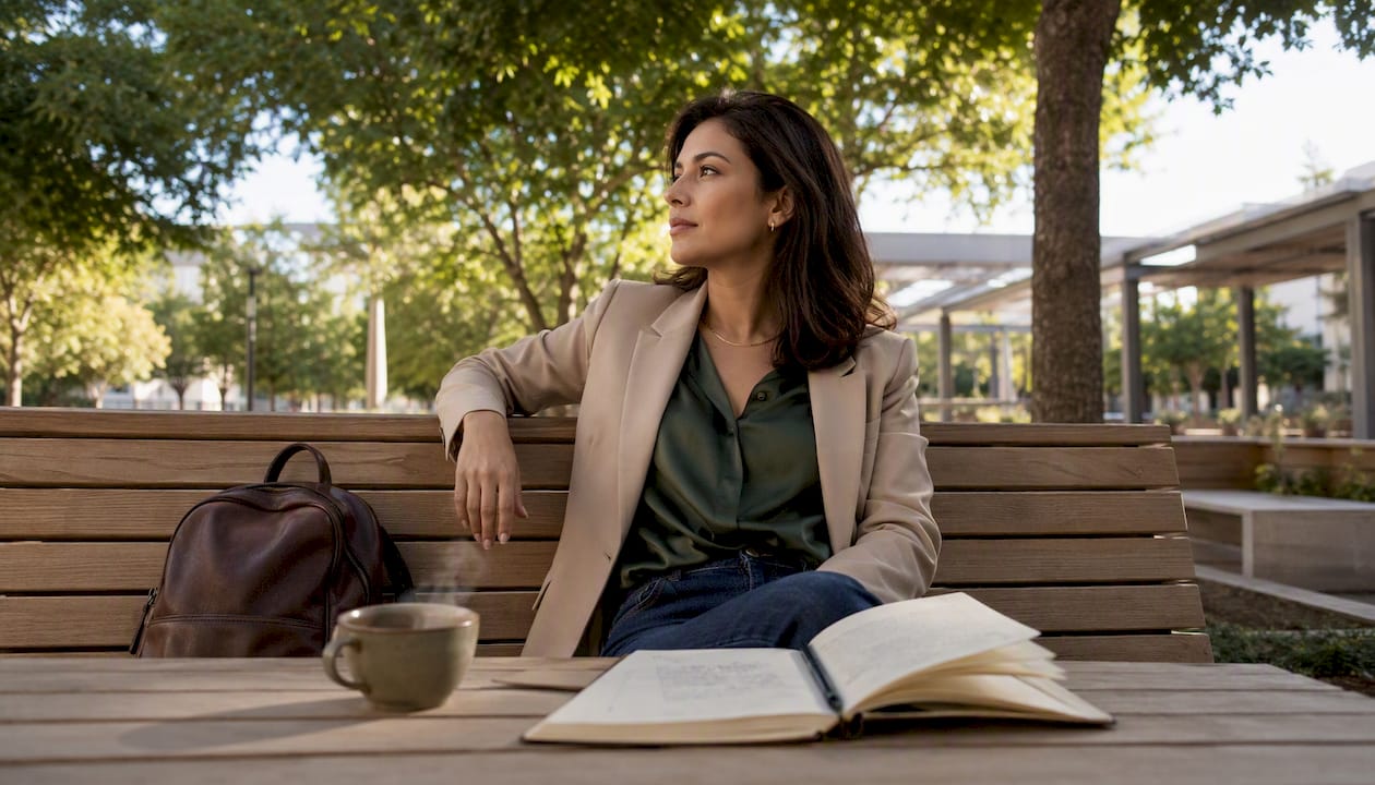 Mulher com um look elegante e descontraído num café da moda