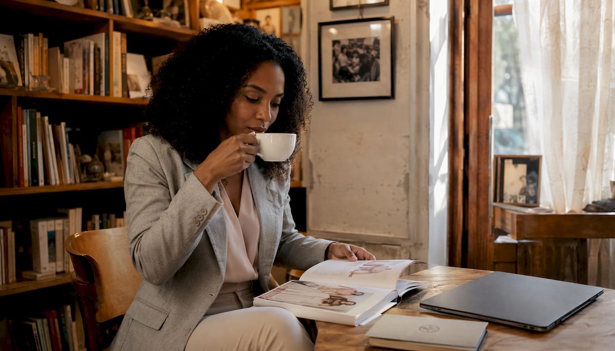 Mulher com visual profissional descontraído sentada numa esplanada de café