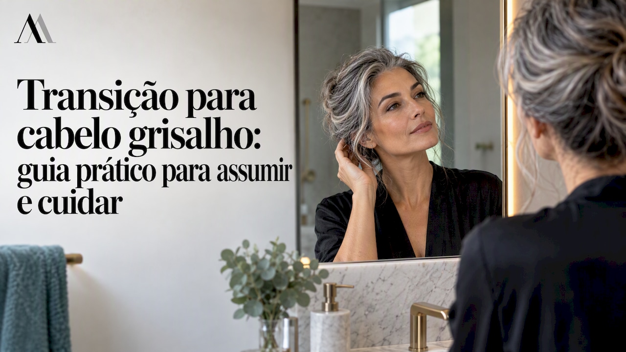 Mulher a olhar para as raízes do cabelo grisalho