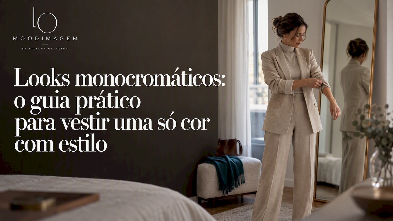 Mulher a arranjar um look monocromático em frente ao espelho