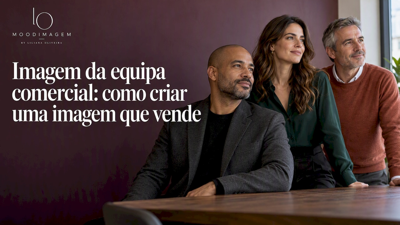 A equipa comercial prepara-se para uma fotografia profissional